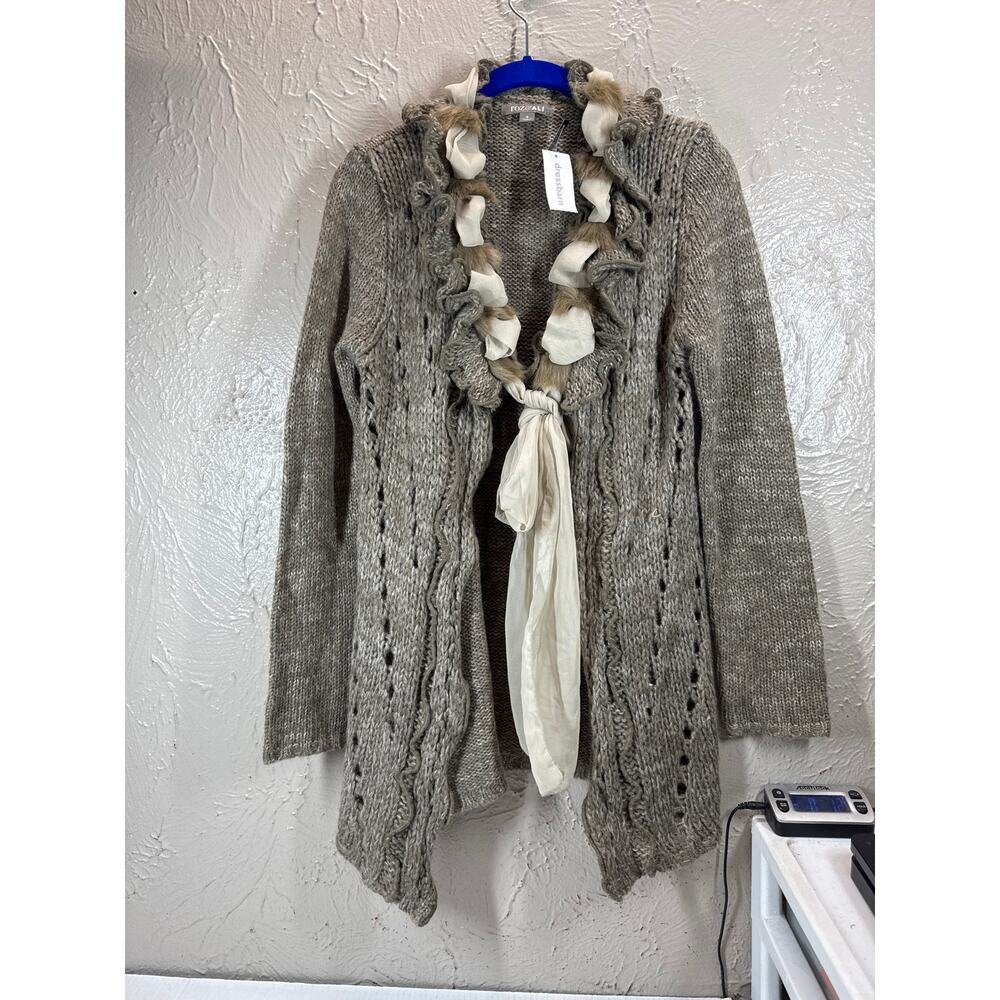 Roz‎ & Ali Womens Open Front Wool Blend Cardigan Ruffle Faux Fur Size Large NWT